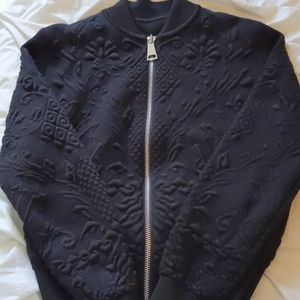 Black Wool Bomber Jacket with raised floral print